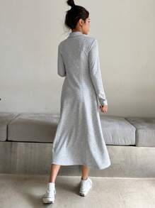 DAZY Robe décontractée à manches longues et à nouer de couleur unie pour femmes, robe de vêtements d'automne - Gris - Voir 2