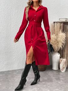 SHEIN X JIMENA & MATEO Chiquease 纯色纽扣长袖连衣裙，秋季新年衣服长款女装红色长袖连衣裙休闲红色连衣裙长衬衫裙 - 紅色 - 查看 6