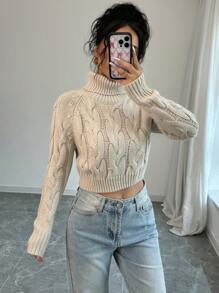 秋冬休闲纯色高领短款毛衣 - 杏色 - 查看 4