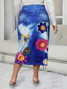 SHEIN LUNE Váy denim in họa tiết hoa cỡ lớn cho nữ - Màu xanh lam - Xem 2