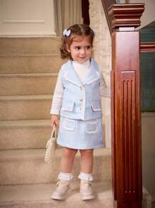 SHEIN Baby Girls' Turtleneck Long Sleeve Top, Sleeveless Vest And Skirt Set, Fall/Winter 2024 New Arrival, Elegant, Fashionable, Comfortable And Cute - Blue - View 7