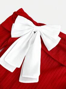 SHEIN Girlism Teen Girl Christmas Red/Date Night/Elegant Quality/Red/Bow Decor/Ribbed Knit/Cropped/Form-Fitting T-Shirt