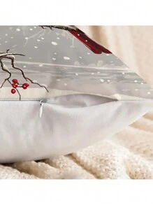 1pc Contemporary Style Cardinal & Winter Berries Pillow Cover, Short Plush Polyester Decorative Throw Pillowcase With Zipper, Christmas & Holiday Cushion Cover For Home Decor - Red - View 2