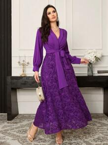 Modelyn 女士纯色抽绳长袖 V 领休闲连衣裙长款女士套装长款晚礼服 - 紫色 - 查看 4