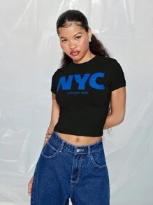 SUMWON WOMEN Áo thun crop cổ tròn tay ngắn in họa tiết NYC phía trước - màu đen - Xem 1