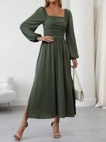 SHEIN Clasi Women's Autumn Simple Casual Square Neck Pleated Lantern Sleeve Dress Maxi Women Outfit - Green - View 3
