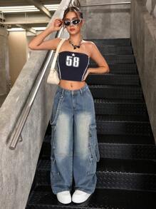 SHEIN Teen Girl Vintage Loose Fit Blue Denim Wide Leg Cargo Pants - Medium Wash - View 7