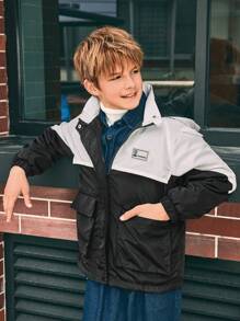 SHEIN Tween Boy 拼色袋鼠口袋连帽棉服外套，冬季 - 黑與白 - 查看 4