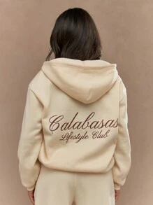 MISSGUIDED Áo hoodie có khóa kéo toàn bộ của Lifestyle Club thêu logo cổ điển thể thao Varsity thể thao thường ngày dạo phố cao cấp đồ mặc nhà thu đông đồ thể thao giải trí đồ mặc nhà - Màu be - Xem 3