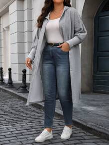 SHEIN LUNE Áo khoác cardigan dài tay trễ vai màu trơn cỡ lớn cho nữ, mùa thu đông, có mũ trùm đầu thường ngày - Màu xám đen - Xem 6