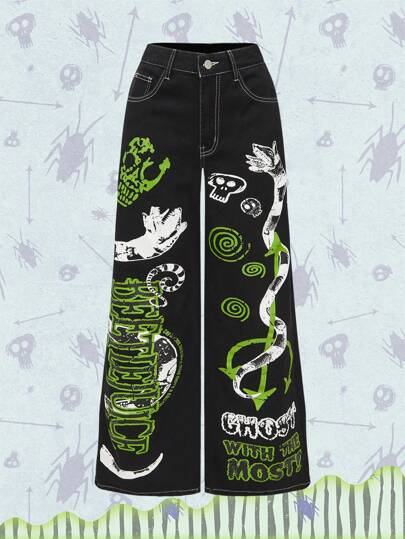 Beetlejuice | ROMWE Women's Casual Dark Street Chic Cartoon & Letter Print Wide-Leg Boy Friend Jeans