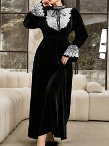 Modelyn Women's Elegant Velvet Dress With Lace Embroidery Patchwork, Princess Style Maxi Women Outfit Long Evening Dresses Fall Cloth For Women - Black - View 3