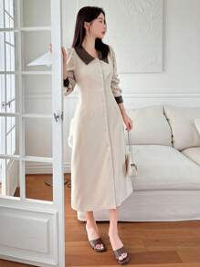 DAZY Elegant Patchwork PU Leather Collar Single-Breasted Lace-Up Waist Long Sleeve Dress