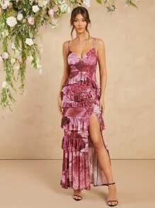 L'Amorae Printed Sleeveless Ruffle Maxi Dress With Side Slit