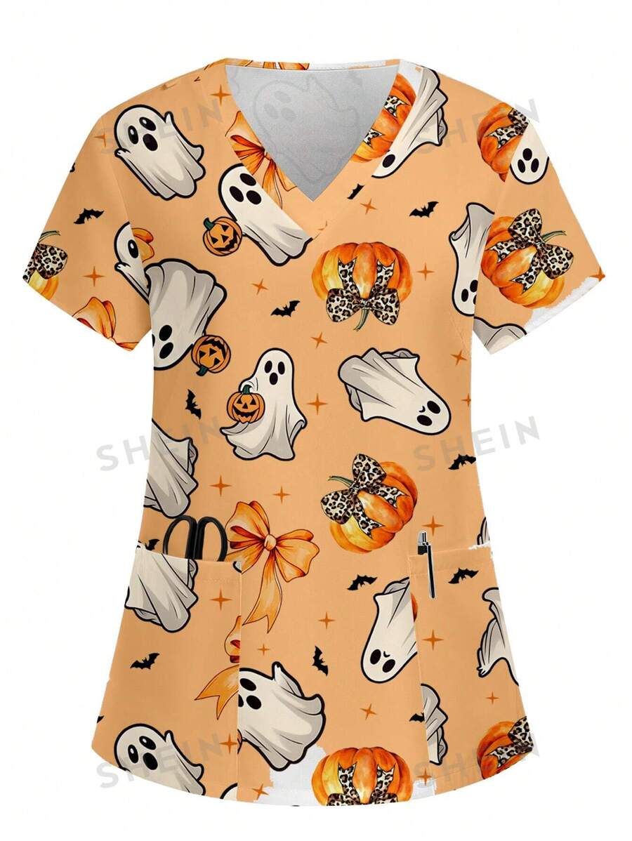 SHEIN TaskFit Halloween Ghost Print Nurse Uniform Set SHEIN EUR