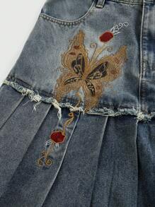 ROMWE Hippie Plus Size Embroidered Vintage High Waist Pleated Denim Skirt, Unique Butterfly Shiny Decor, Bohemian Style, For Summer