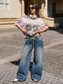 SHEIN EZwear Women's Casual Loose Fit Wide Leg Jeans With Pockets - Blue - View 6