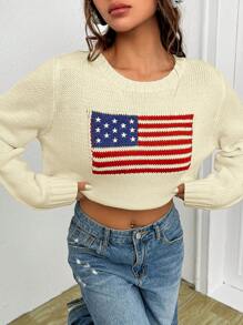 SHEIN EZwear 宽松休闲秋季美国国旗图案毛衣 - 杏色 - 查看 4