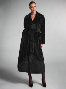 SHEIN X Phaith Montoya SHEIN BAE Women's Solid Color Long Sleeve Simple Long Jacket, Fur Coat Casual Daily Wear Winter Vintage Fur Coat Fall Women Clothes Halloween Customs Women Cat Woman Costume Fur Coat Warm Comfortable And Soft, Suitable For Various Occasions When Going Out Commuting Or Partying - Dark Grey - View 3