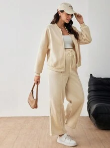 SHEIN Maternity Women 2-Piece Set: Zip-Front Baseball Jacket And Drawstring Waist Pants, For Fall Season - Apricot - View 3