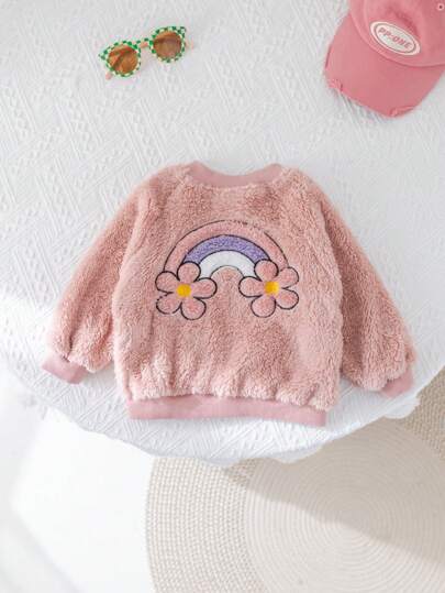 SHEIN Baby Girl Cute & Versatile Fluffy Pink Rainbow Pattern Hooded Jacket, Soft Comfortable For Spring,Autumn/Winter