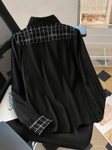 SHEIN LUNE Plus Size Women's Spring/Summer Patchwork Plaid Long Sleeve Loose Casual Shirt Fall Cloth For Women - Black - View 2
