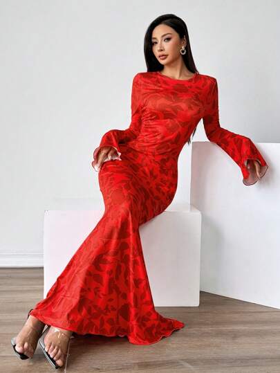 strapless open back dress Red And Black Printed Long Sleeve Wrap Belted Midi Dress – AX Paris main image 1