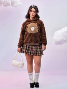 SHEIN X Care Bears 大码休闲百搭保暖外套蓬松面料刺绣卡通熊耳朵连帽衫，插肩宽松羊毛棕色运动衫，秋冬 - 棕色 - 查看 4