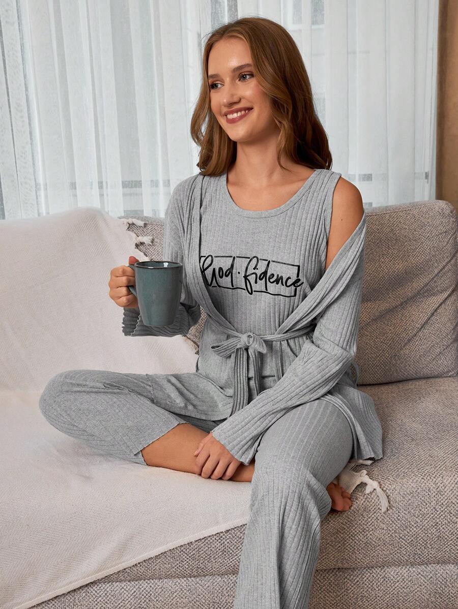 RueChic 3Pcs  Slogan Printed Homewear Set - Light Grey - View 1