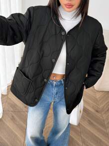 SHEIN EZwear Cardigan col rond noir et blanc pour femmes grandes tailles, doublure matelassée chaude, veste d'hiver casual pour le quotidien, l'école, les sorties
