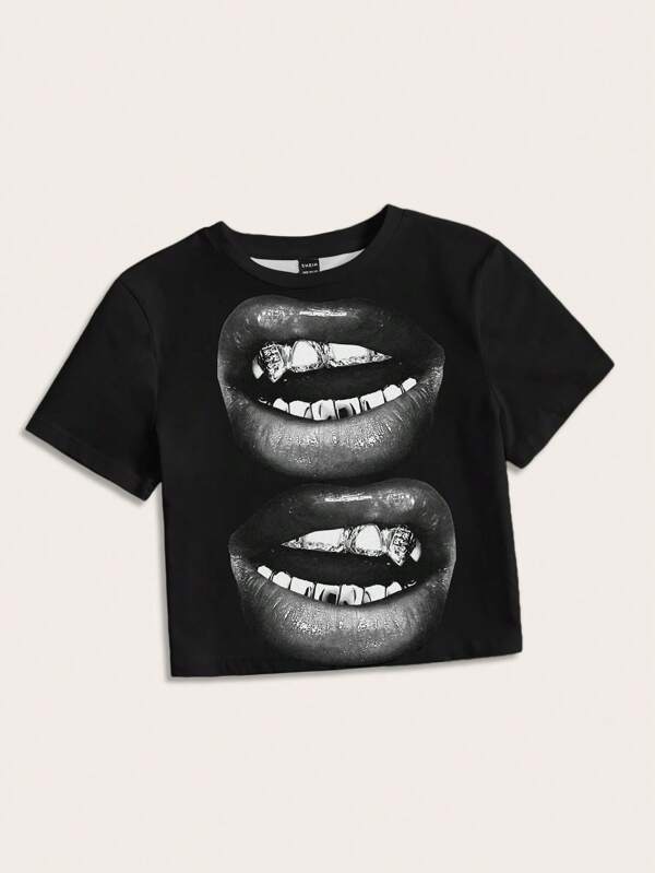 SHEIN EZwear Casual Lip Print Tight Fit Cropped Short Sleeve Crew Neck Women Top, Suitable For Summer