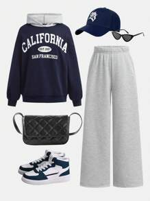 SHEIN 2 件套 Tween 女童宽松字母图案印花连帽衫和阔腿裤运动装