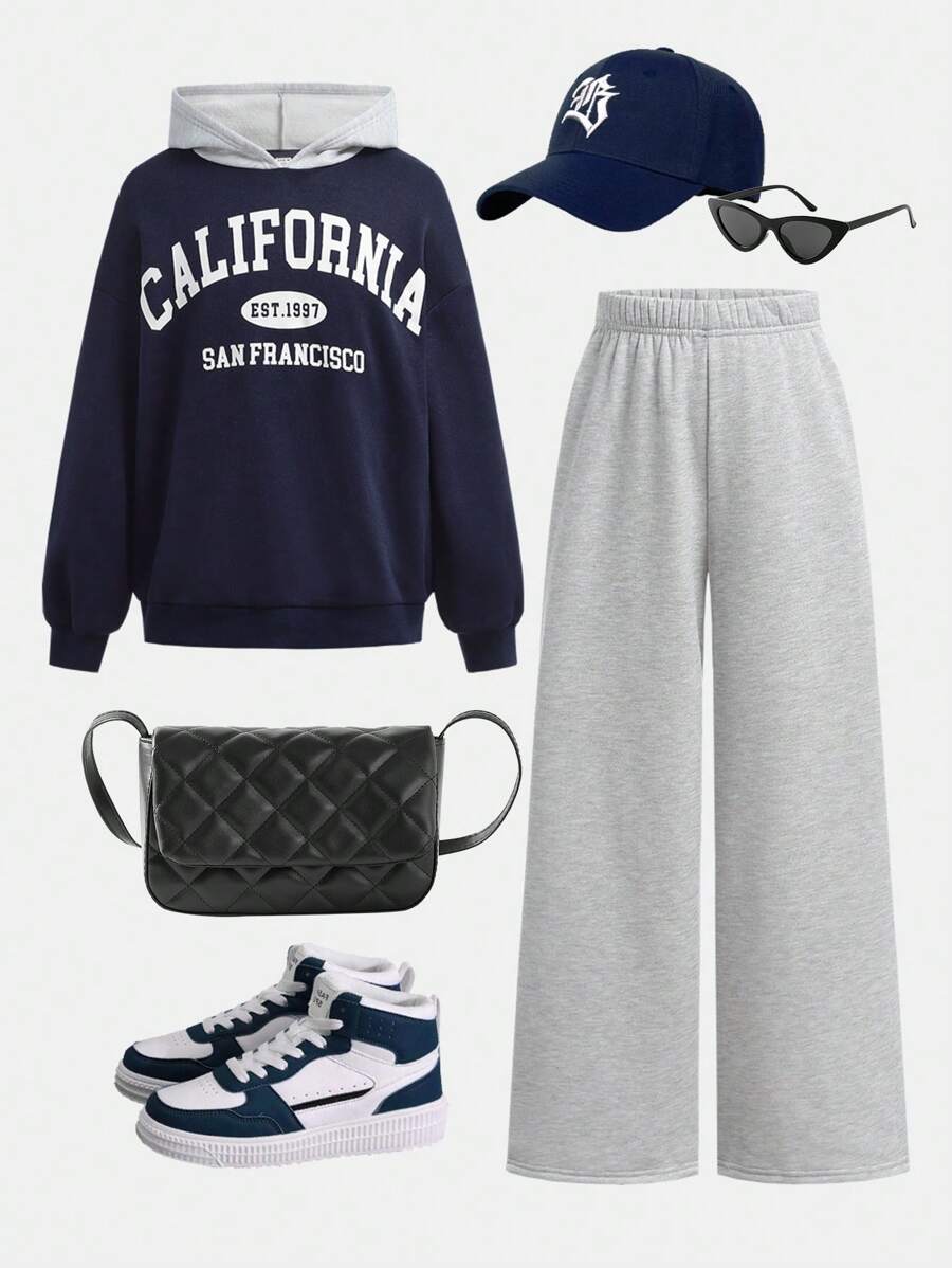 SHEIN 2 件套 Tween 女童宽松字母图案印花连帽衫和阔腿裤运动装