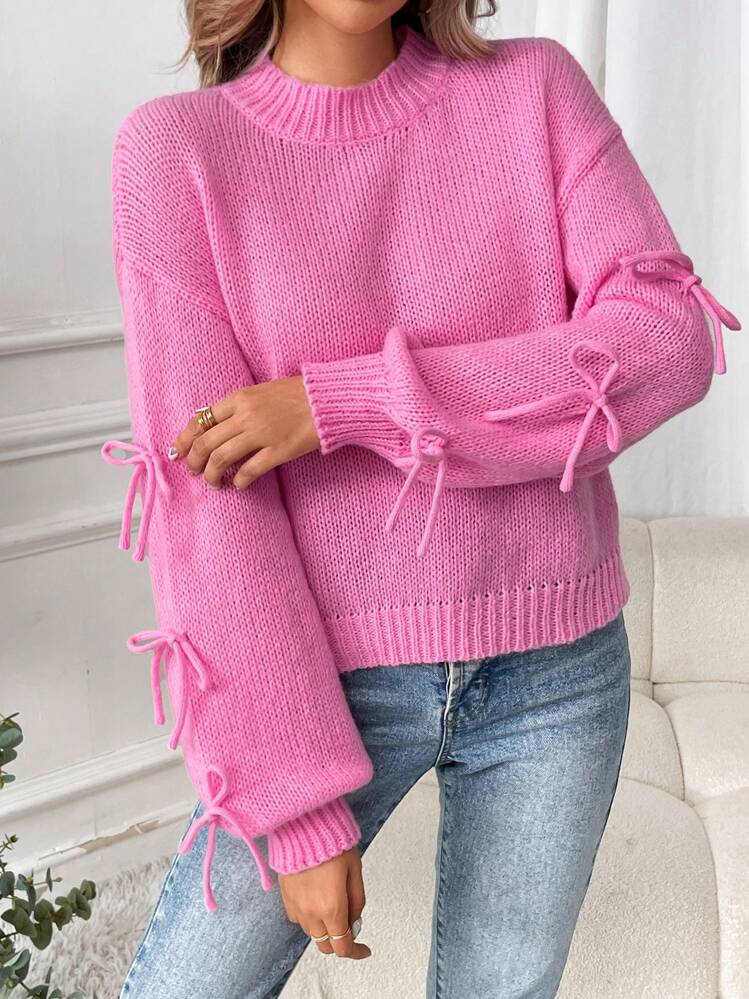 Chiquease Suéter de punto casual con cuello redondo, manga larga y lazo decorativo, tops de manga larga, jersey de punto para otoño e invierno - Rosa - Añade 3