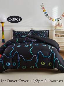 2/3 件儿童彩色条纹猫图案数码印花床上用品套装，可爱卡通儿童羽绒被套和枕套套装，适合所有季节（1/2 枕套 + 1 羽绒被套）