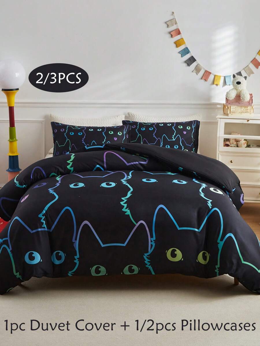 2/3 件儿童彩色条纹猫图案数码印花床上用品套装，可爱卡通儿童羽绒被套和枕套套装，适合所有季节（1/2 枕套 + 1 羽绒被套）