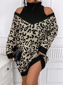 Celure Plus Size Women's Leopard Print Off Shoulder Long Sleeve Loose Straight Sweater Dress, Autumn/Winter