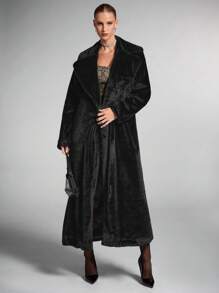 SHEIN X Phaith Montoya SHEIN BAE Women's Solid Color Long Sleeve Simple Long Jacket, Fur Coat Casual Daily Wear Winter Vintage Fur Coat Fall Women Clothes Halloween Customs Women Cat Woman Costume Fur Coat Warm Comfortable And Soft, Suitable For Various Occasions When Going Out Commuting Or Partying - Dark Grey - View 6