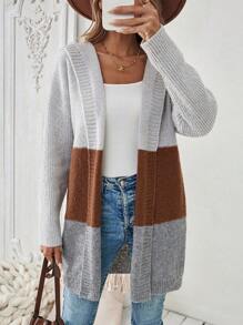 Chiquease Cardigan long à capuche avec blocs de couleur à manches longues pour femmes, vêtements d'automne/hiver