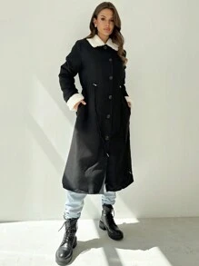 SHEIN Privé Women Mid-Length Waist Drawstring Ruched Pocket Casual  Jacket - Black - View 6