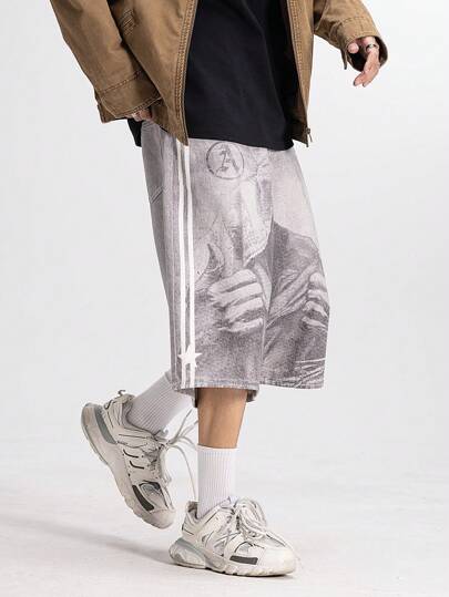 Street Life Jeans casuales anchos de 5 bolsillos con inserto de patrón de figura para hombres