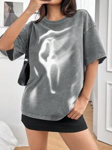 SHEIN EZwear 圆领短袖印花简约T恤，休闲日常穿着 - 灰色 - 查看 5
