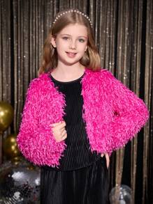SHEIN Tween Girl Elegant  Party Short Fluffy Cardigan