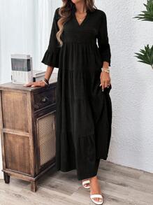 EMERY ROSE V-Neck Ruffled Sleeve & High-Low Hem Tree Leaf Print Casual Fall Long Dress For Women Viscose Dress - Black - View 5