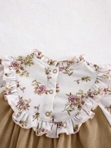 SHEIN LMoss Kids LMoss Baby Girl Newborn Baby Girl Ditsy Floral Bodysuit, Knitted Ruffle Collar Corduroy Patchwork One-Piece Outfit For Holiday & Party - Apricot - View 11