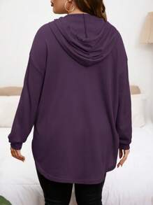 SHEIN Privé Plus Size Women's Solid Color Drop Shoulder Long Sleeve Drawstring Hooded Casual Sweatshirt In Spring To Summer Fall - Purple - View 3