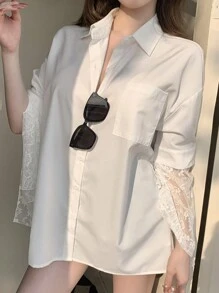 DAZY Blus Patchwork Lengan Lonceng dengan Hiasan Renda Transparan untuk Pakaian Kantor Wanita, Atasan Lengan Panjang untuk Pakaian Musim Gugur - Putih - View 1