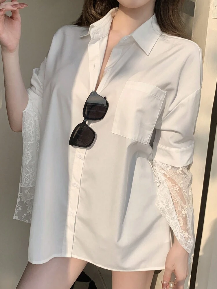Sheer Lace Trim Bell Sleeve Patchwork Blouse Office Wear For Women,Fall Clothes Long Sleeve Top