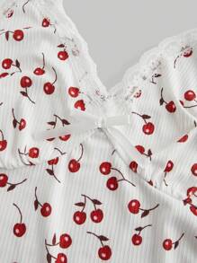ROMWE Kawaii Plus Size Women Cherry Printed Contrast Lace Camisole, Summer - Multicolor - View 3