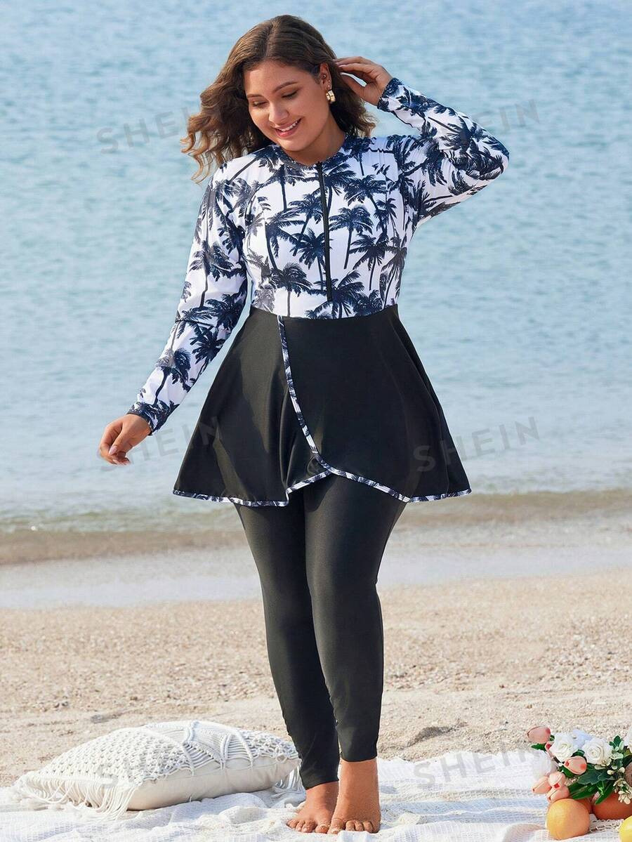 SHEIN Swim Mulvari Plus Size Women Summer Beach Palm Tree Print Long